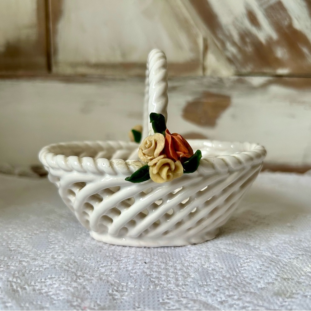 Elegant White porcelain Basket with Floral Accents